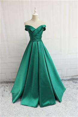 Picture of Green Off Shoulder Fashionable Long Evening Dresses, Satin Long Prom Dresses